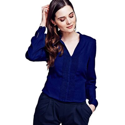 Long sleeved navy pleat blouse in clever fabric